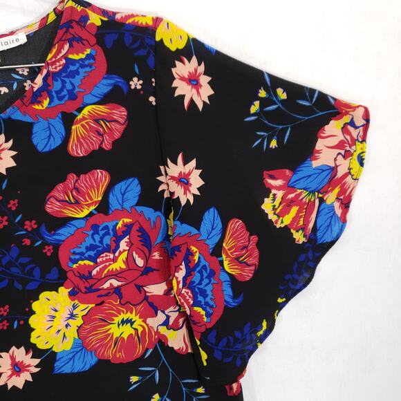 Violet & Claire Blouse Women Medium Black MultiFloral Ruffle Sleeve Keyhole Back - Picture 4 of 12